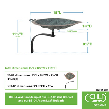 Achla BB-04-WM Aspen Leaf Birdbath With Wall Mount Bracket